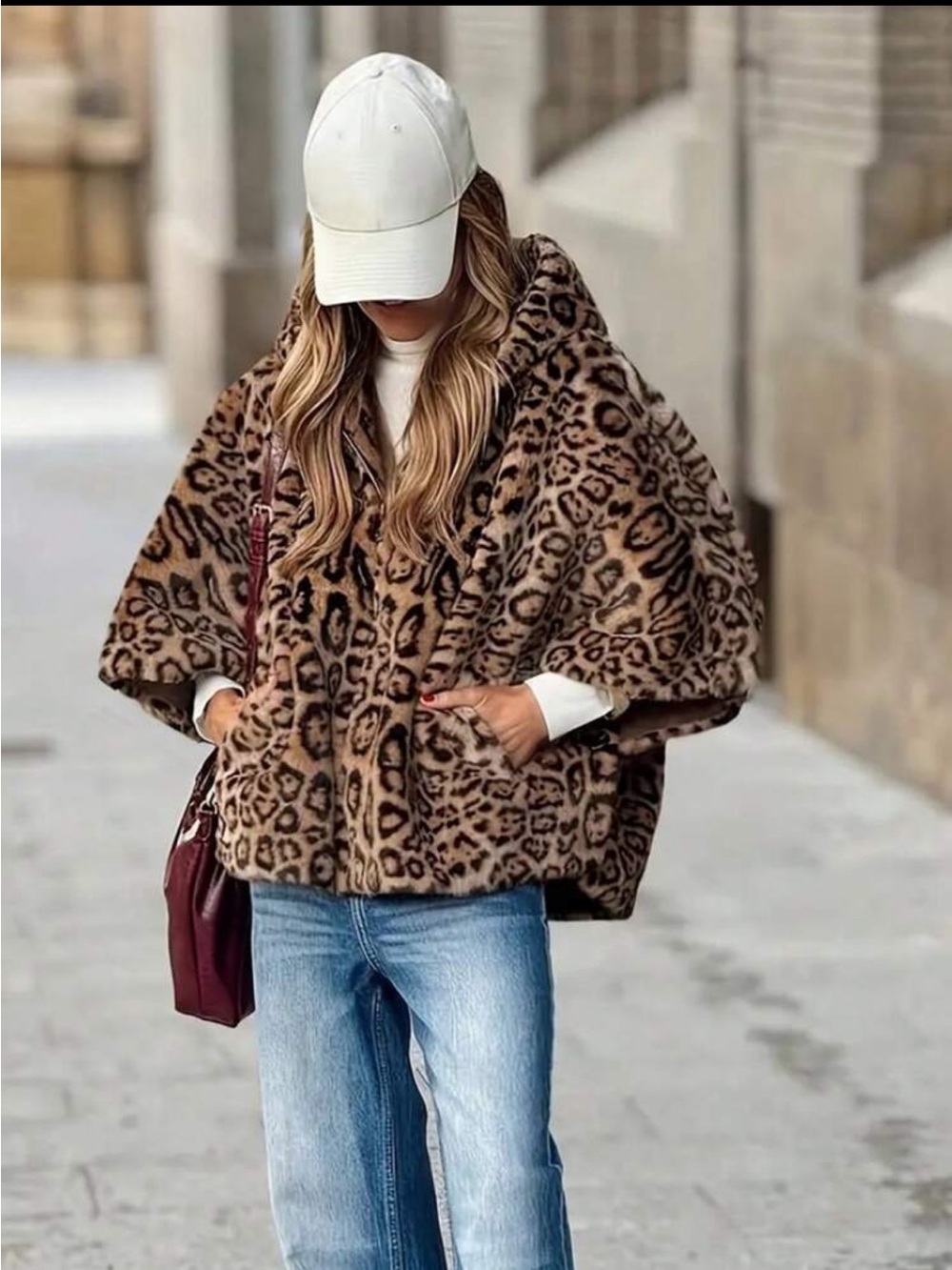 Luxe Leopard Print Faux Fur Zipper Hooded Jacket Brown New
